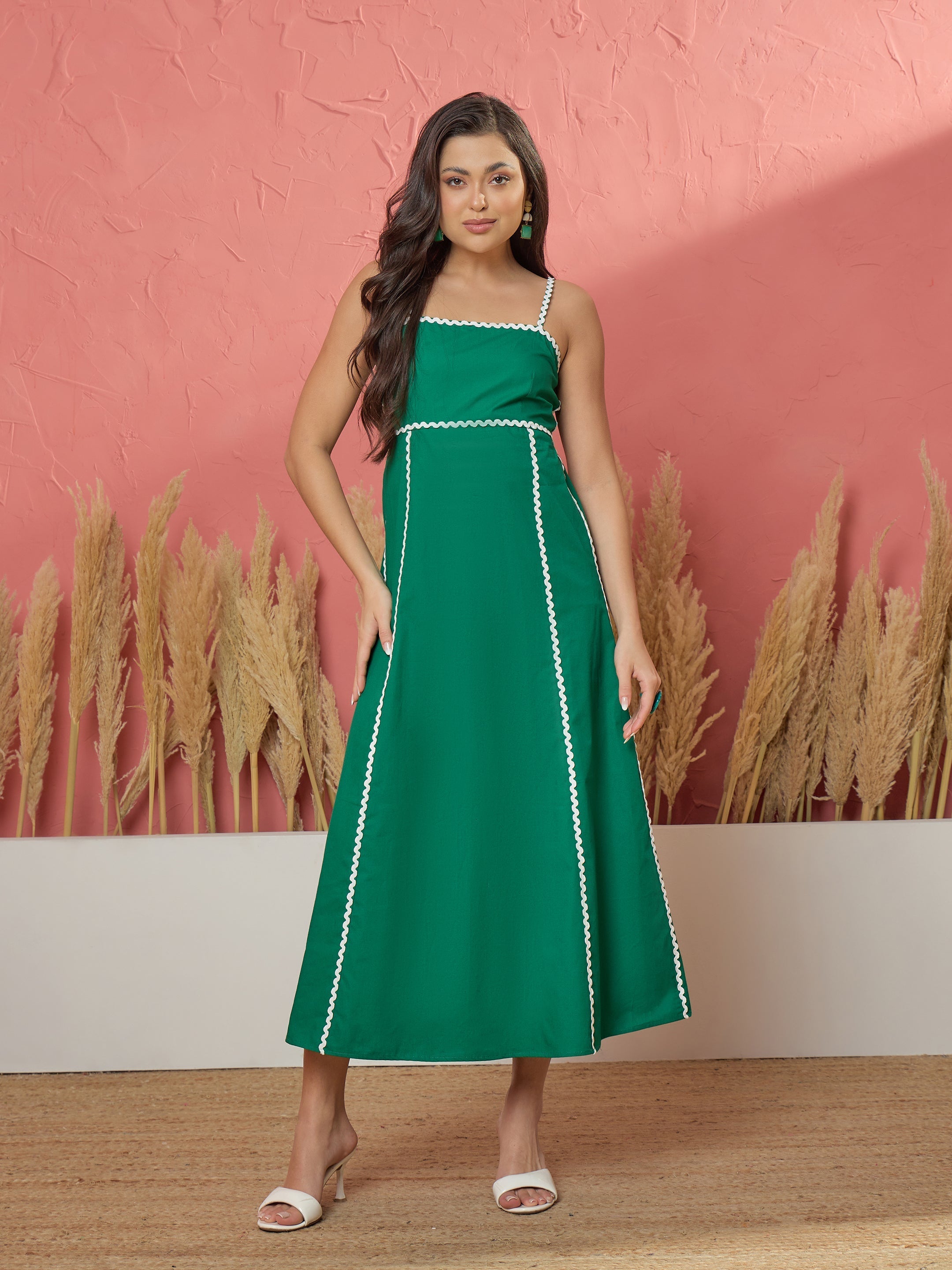 Women Green Ric Rac Lace Back Tie Strappy A-Line Midi Dress