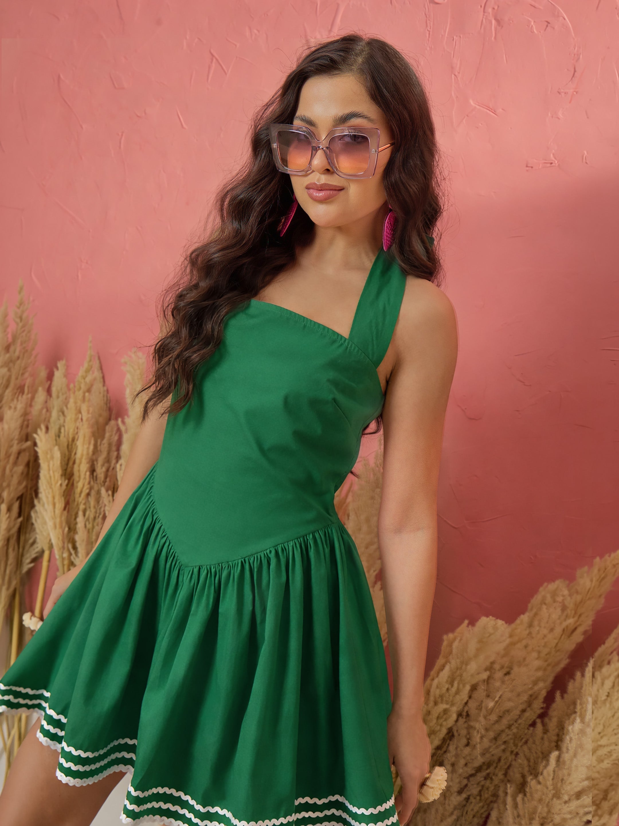 Women Green Ric Rac Low Waist Halter Neck Short Dress