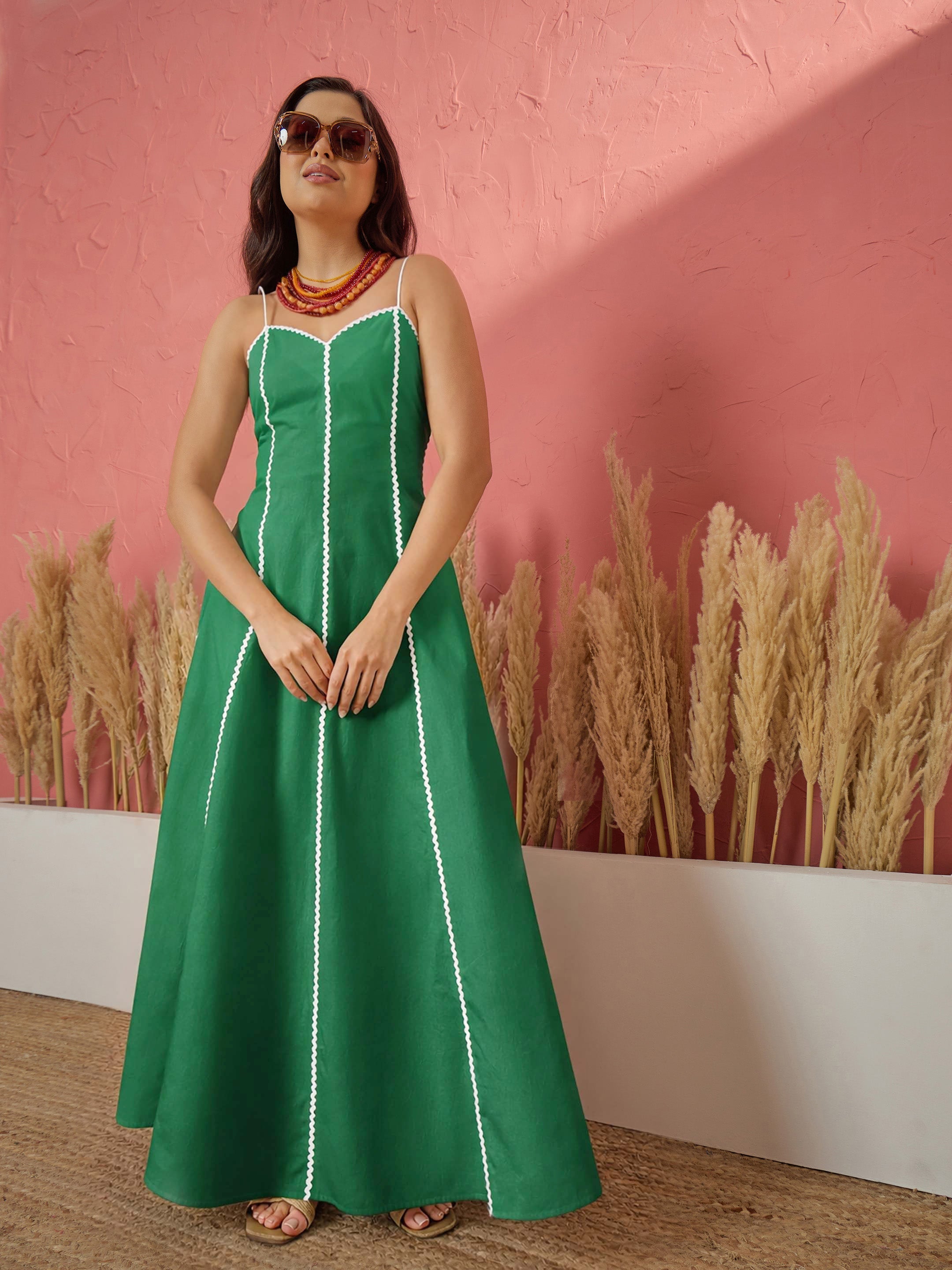 Women Green Ric Rac Lace Strappy Maxi Dress