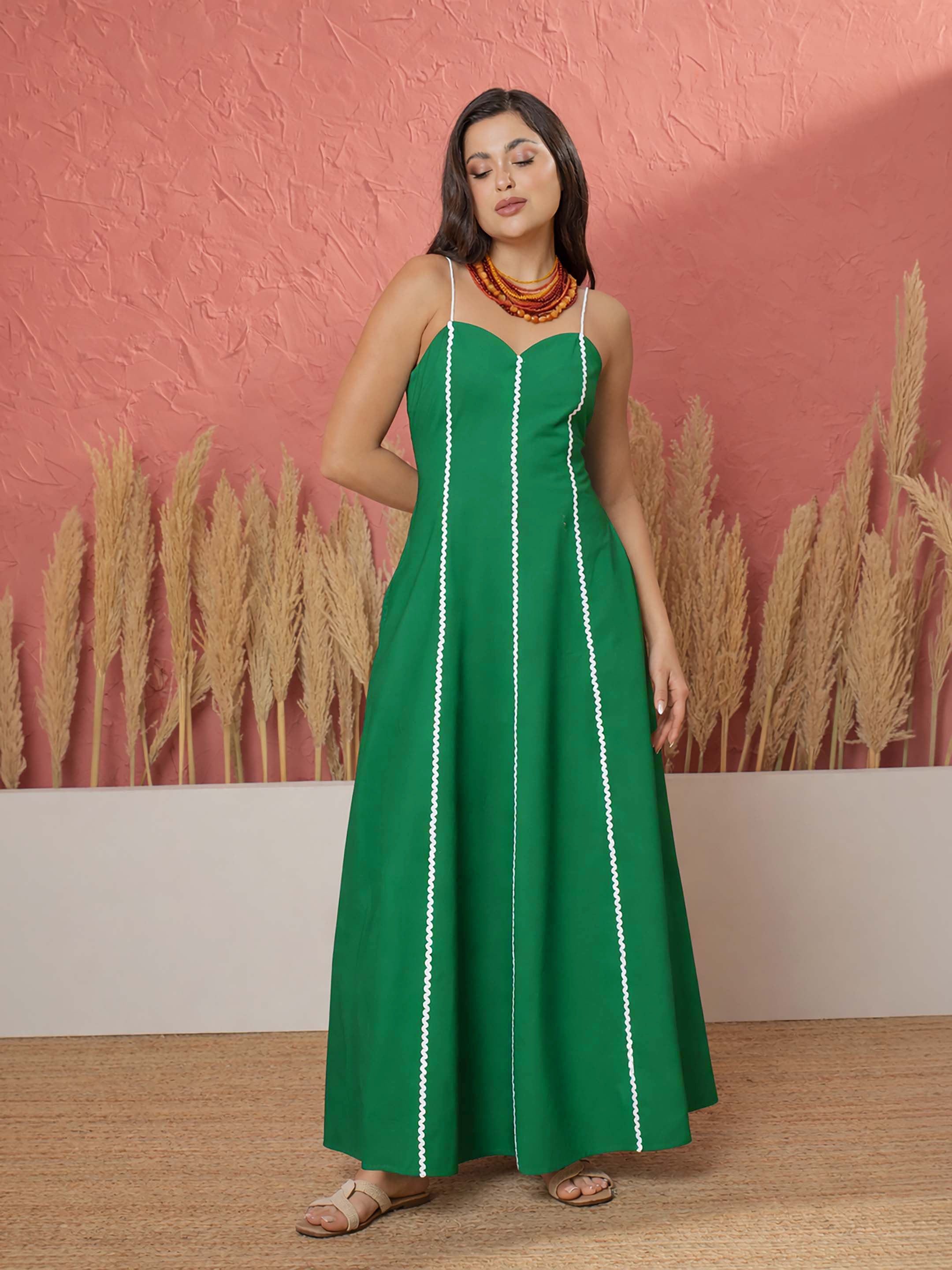 Women Green Ric Rac Lace Strappy Maxi Dress