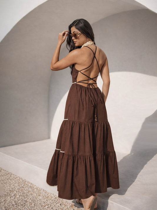 Women Brown Ric Rac Lace Back Less Tiered Maxi Dress