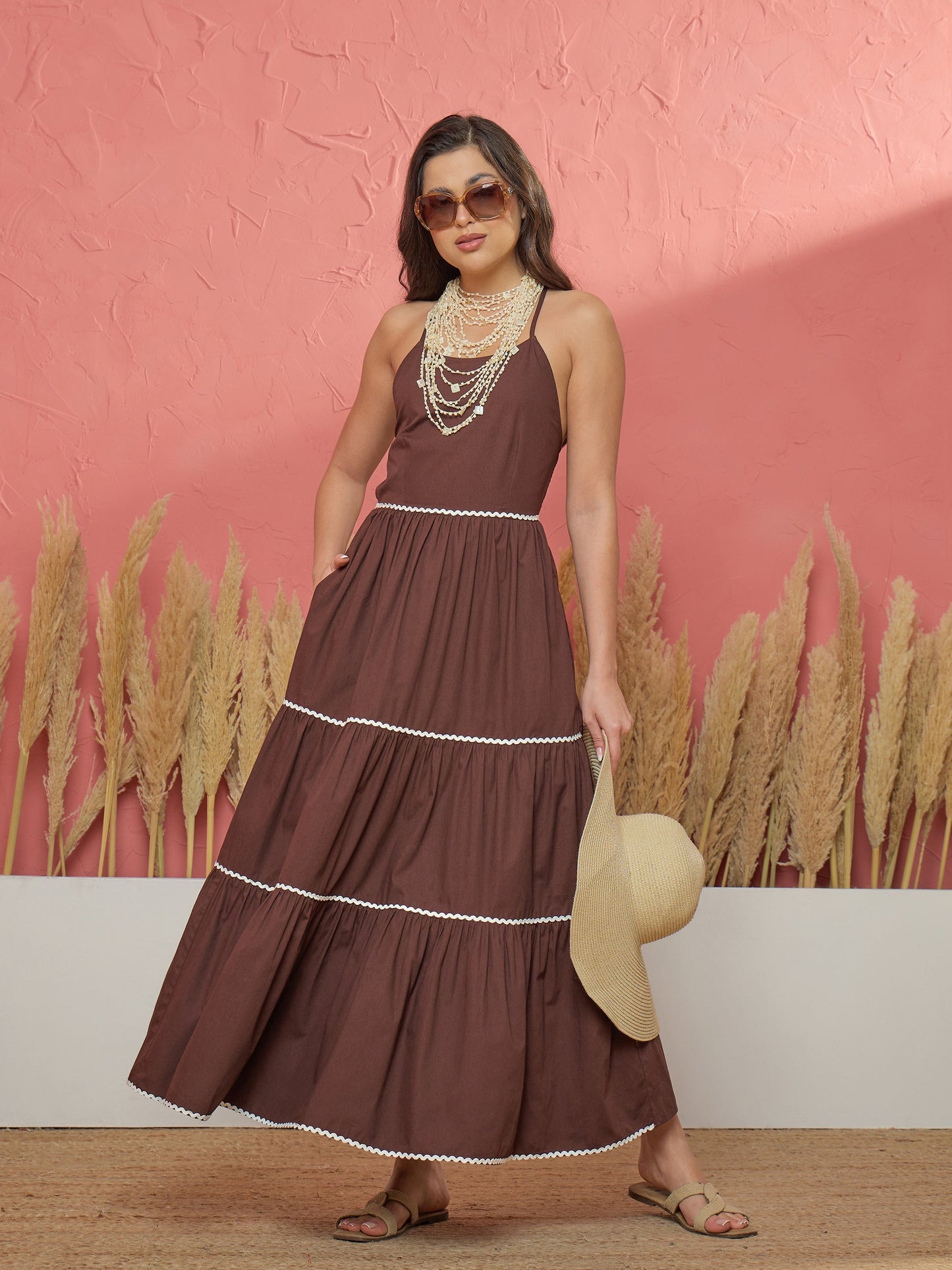Women Brown Ric Rac Lace Back Less Tiered Maxi Dress