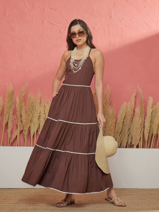 Women Brown Ric Rac Lace Back Less Tiered Maxi Dress