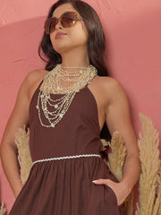 Women Brown Ric Rac Lace Back Less Tiered Maxi Dress