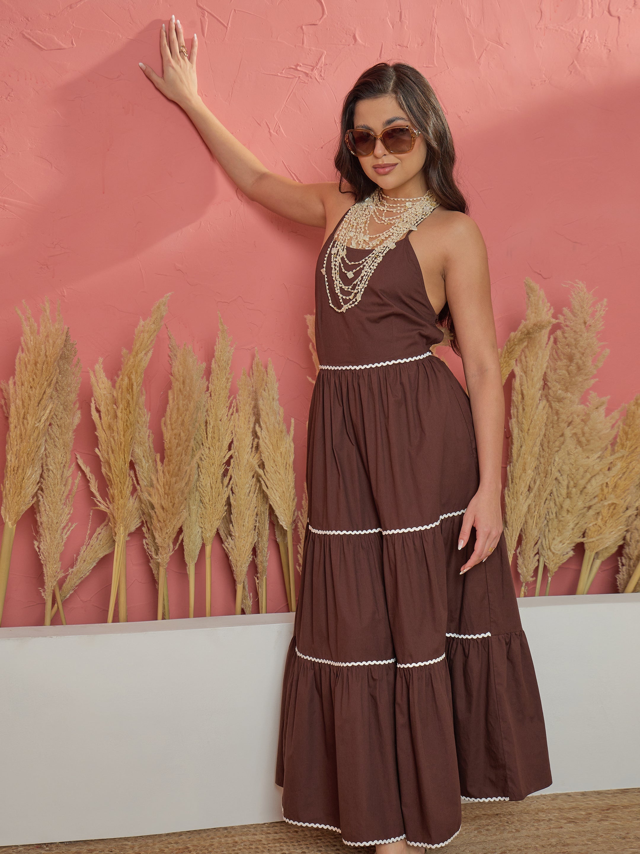 Women Brown Ric Rac Lace Back Less Tiered Maxi Dress