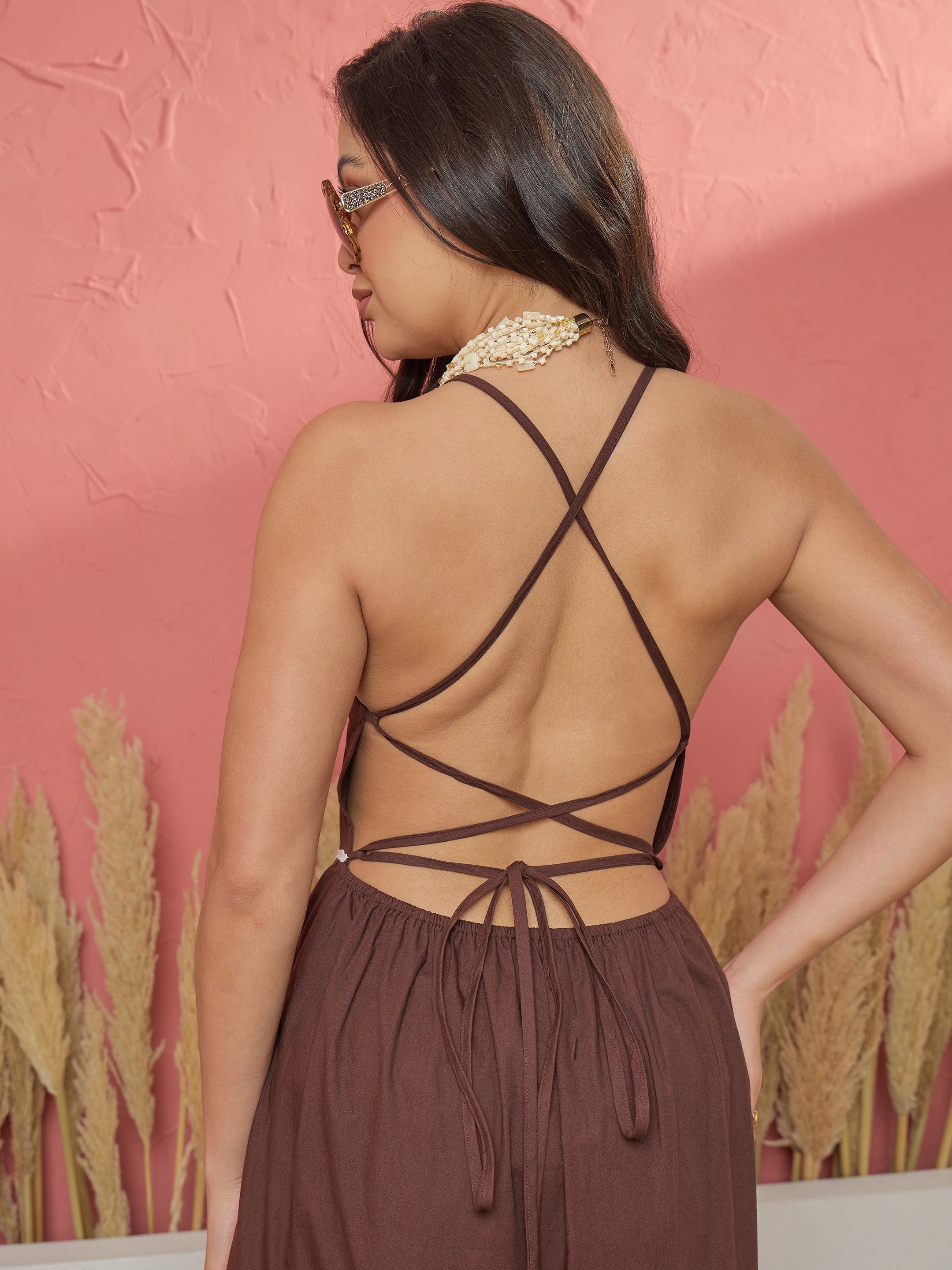 Women Brown Ric Rac Lace Back Less Tiered Maxi Dress