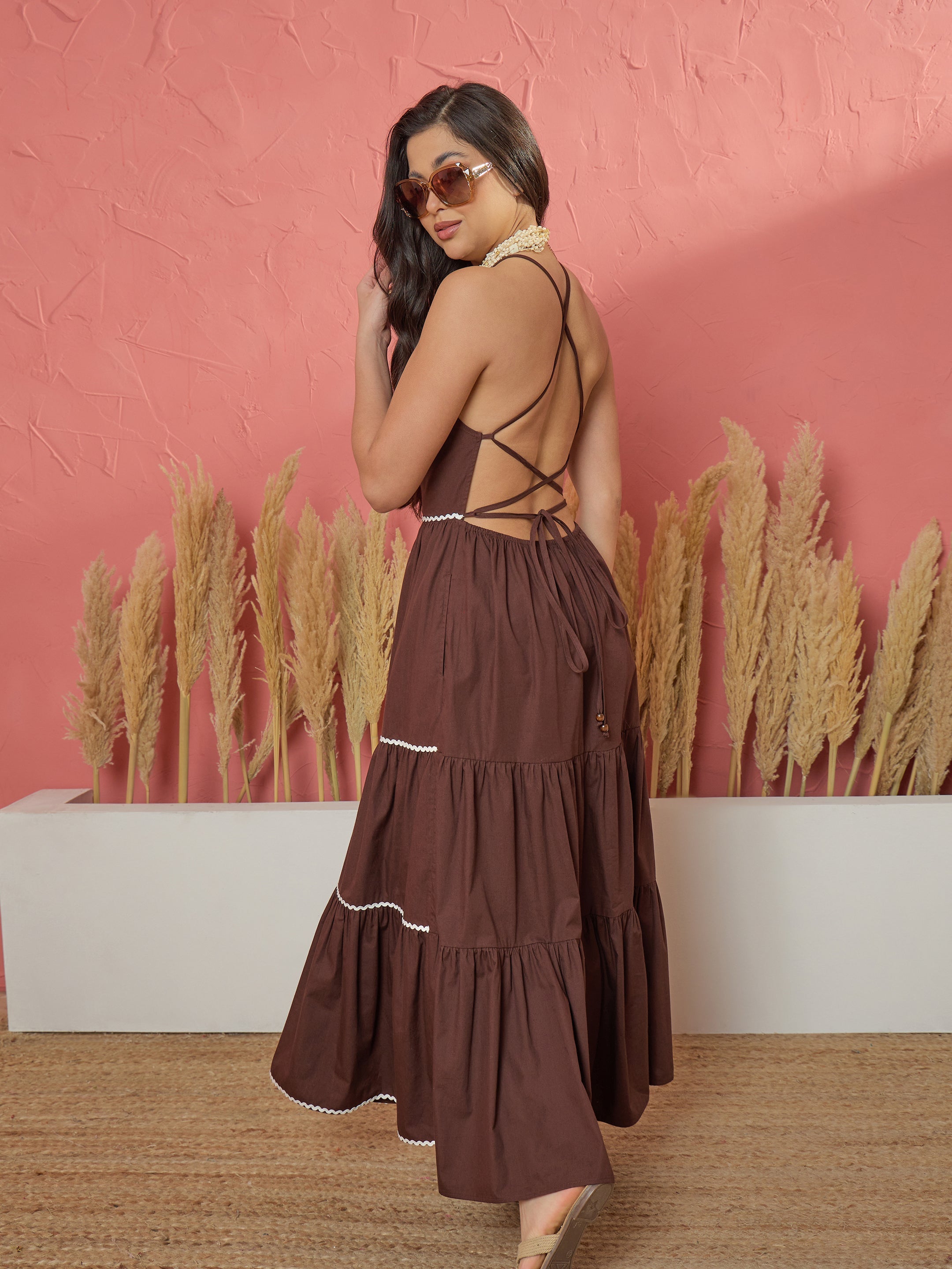 Women Brown Ric Rac Lace Back Less Tiered Maxi Dress