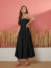 Women Black Ric Rac Low Waist Strappy Midi Dress