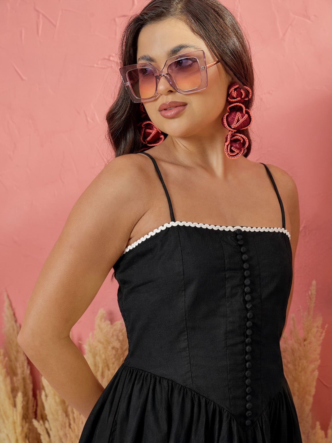 Women Black Ric Rac Low Waist Strappy Midi Dress