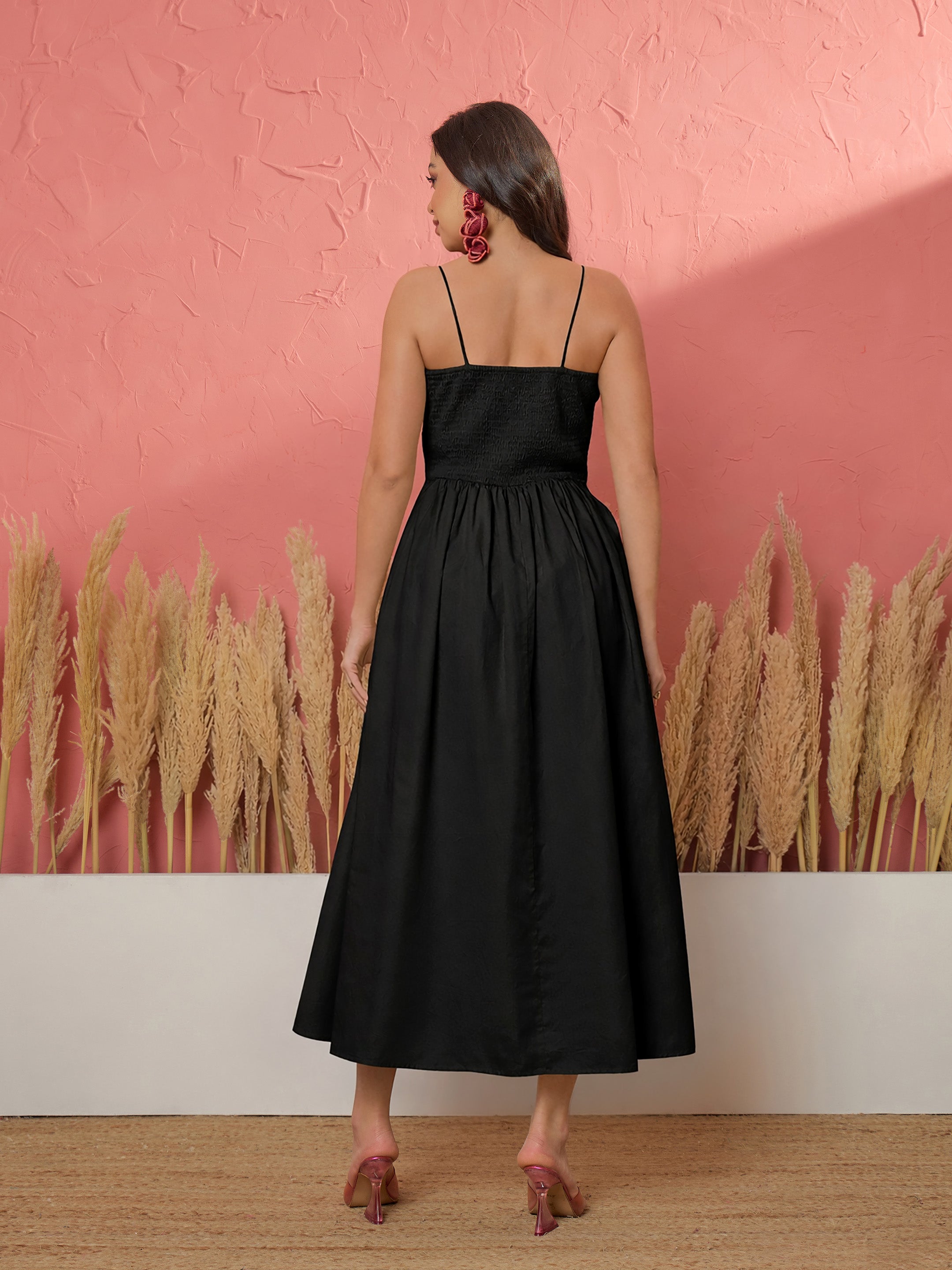 Women Black Ric Rac Low Waist Strappy Midi Dress