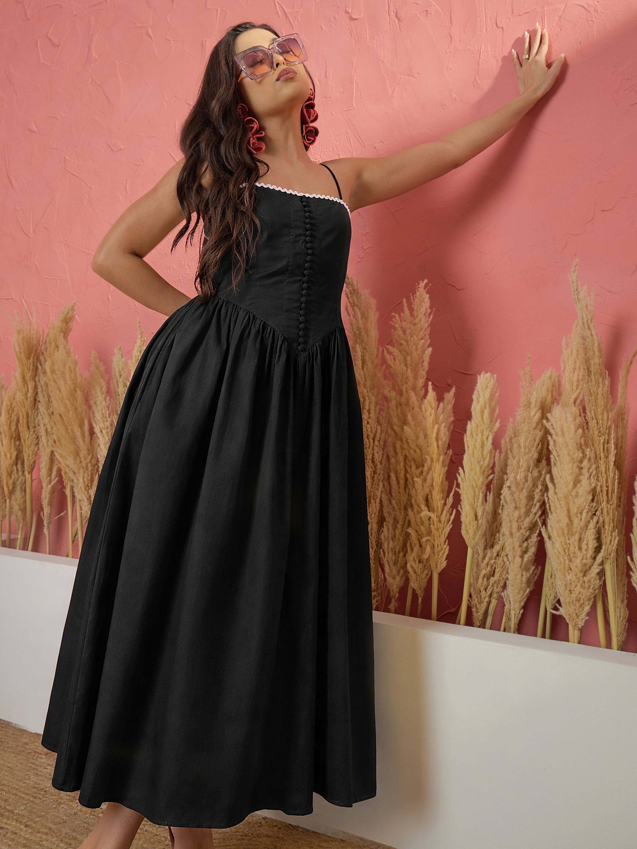 Women Black Ric Rac Low Waist Strappy Midi Dress