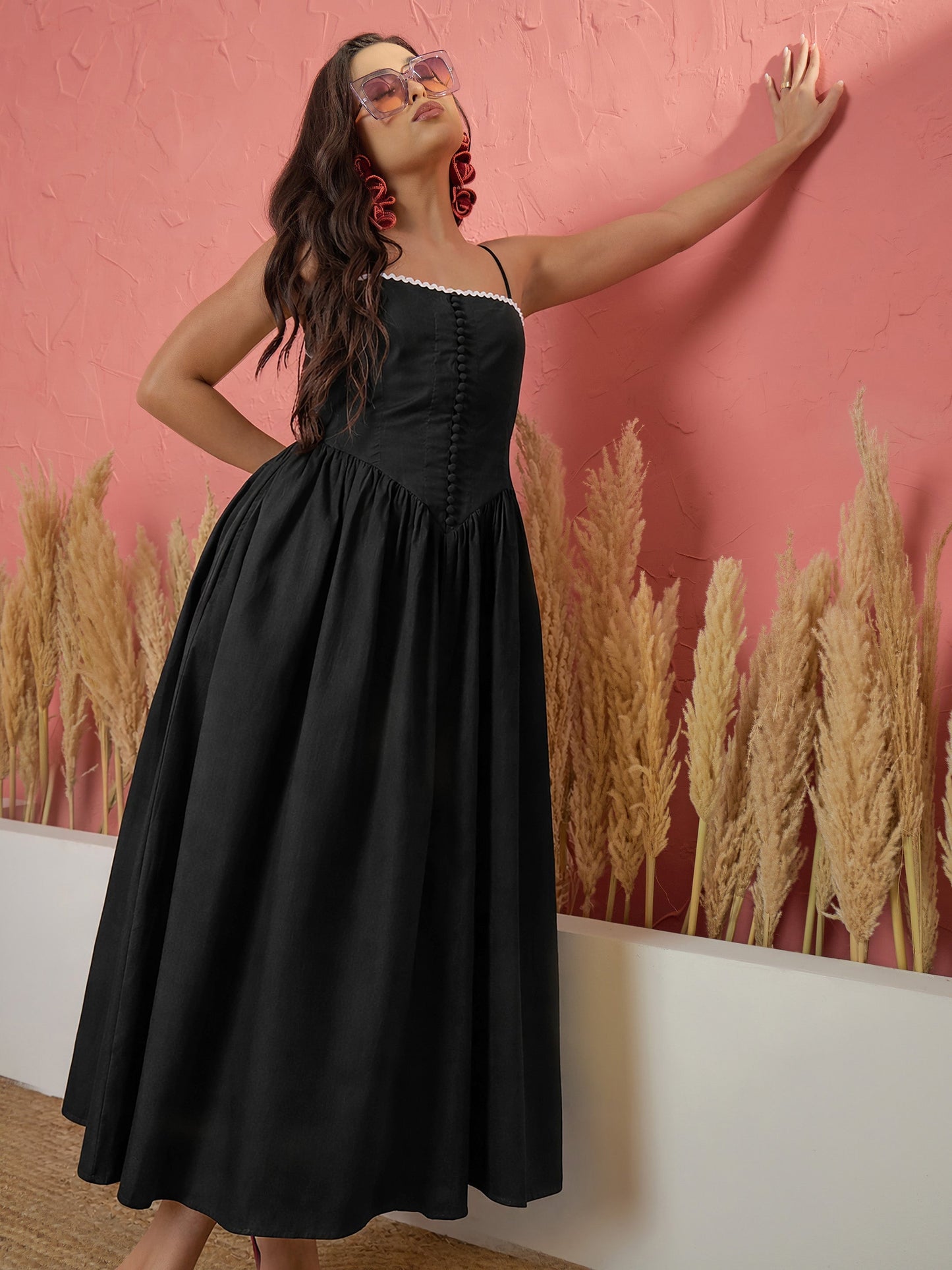 Women Black Ric Rac Low Waist Strappy Midi Dress