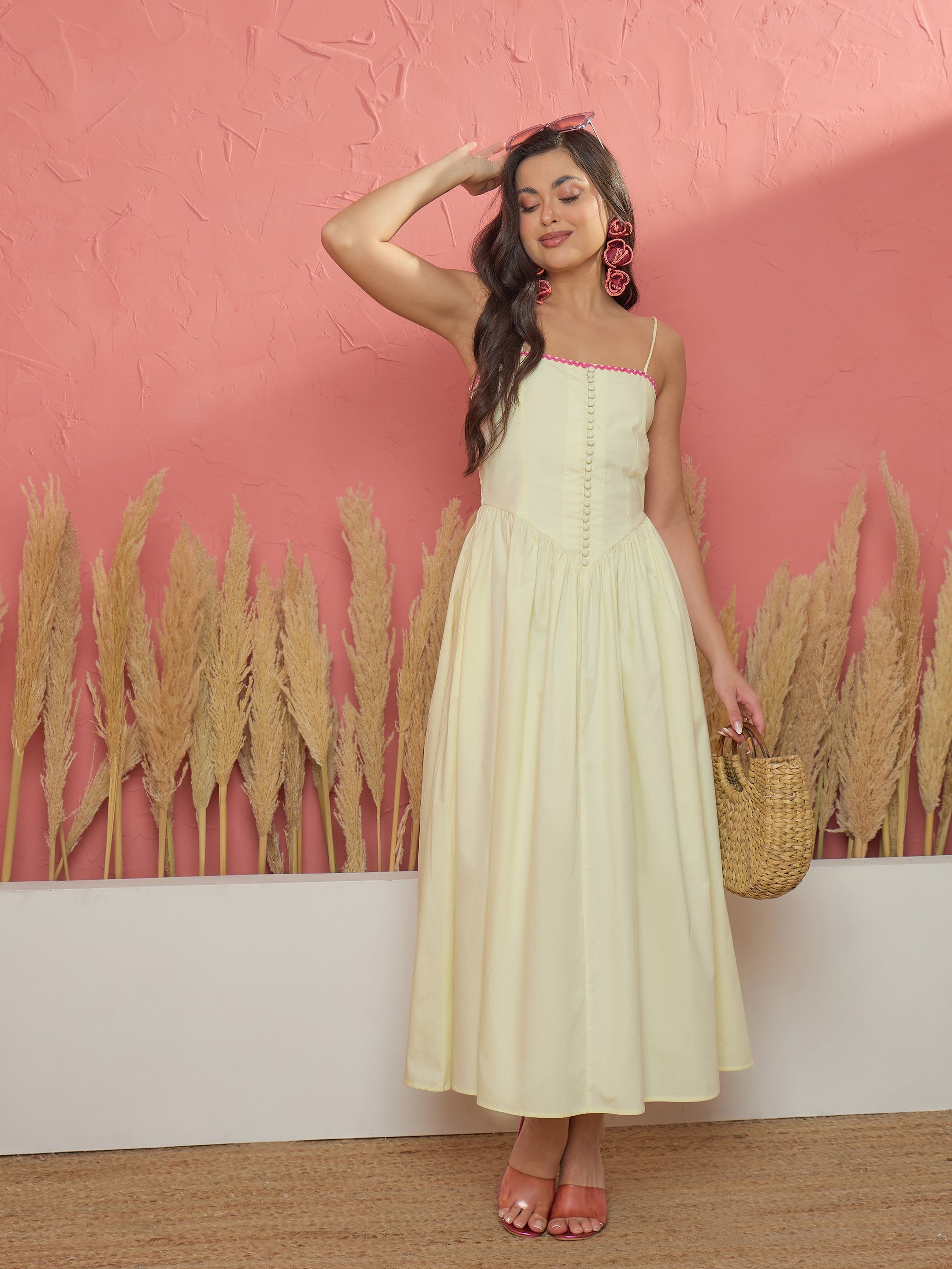 Women Yellow Ric Rac Low Waist Strappy Midi Dress