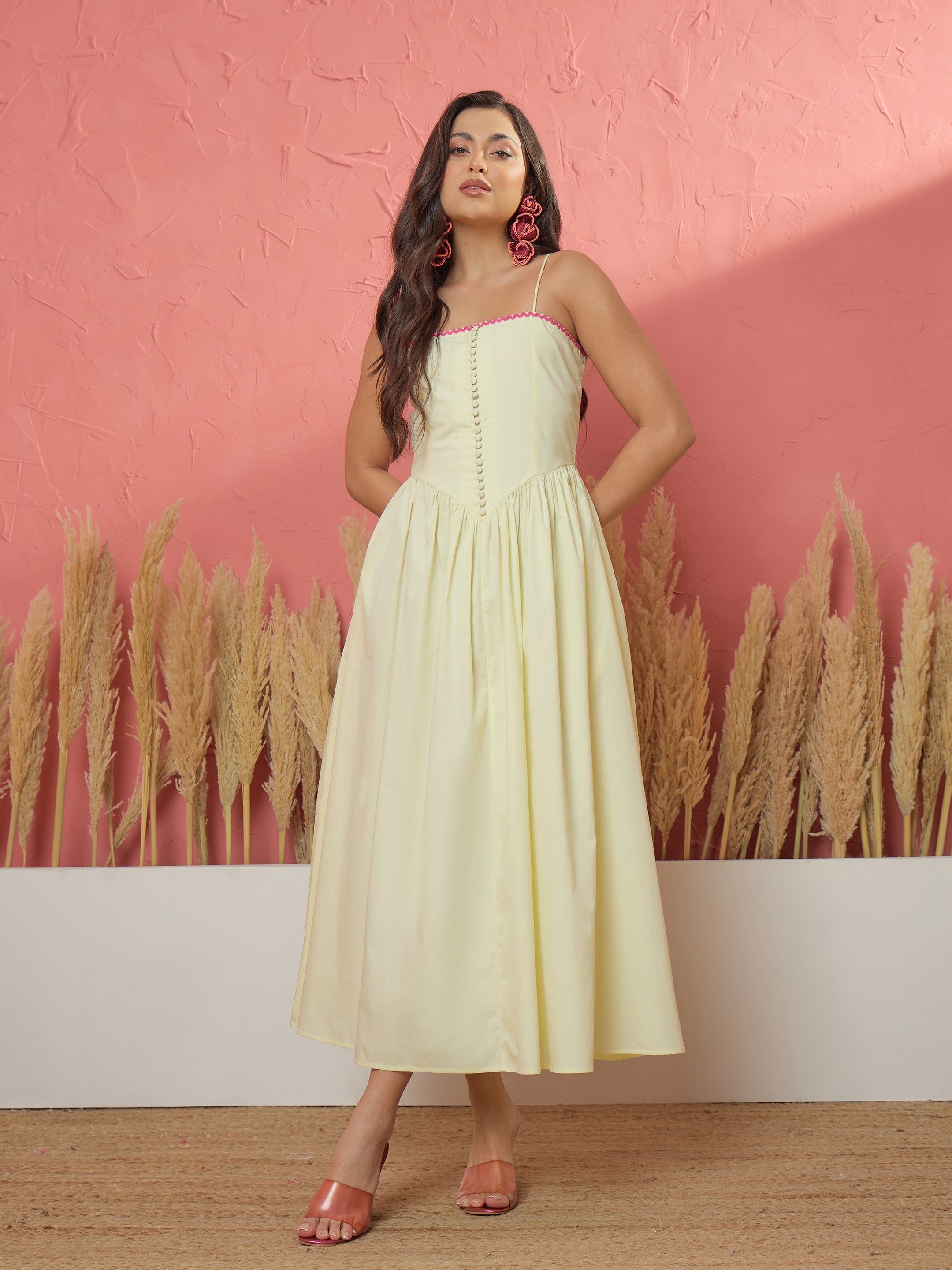 Women Yellow Ric Rac Low Waist Strappy Midi Dress