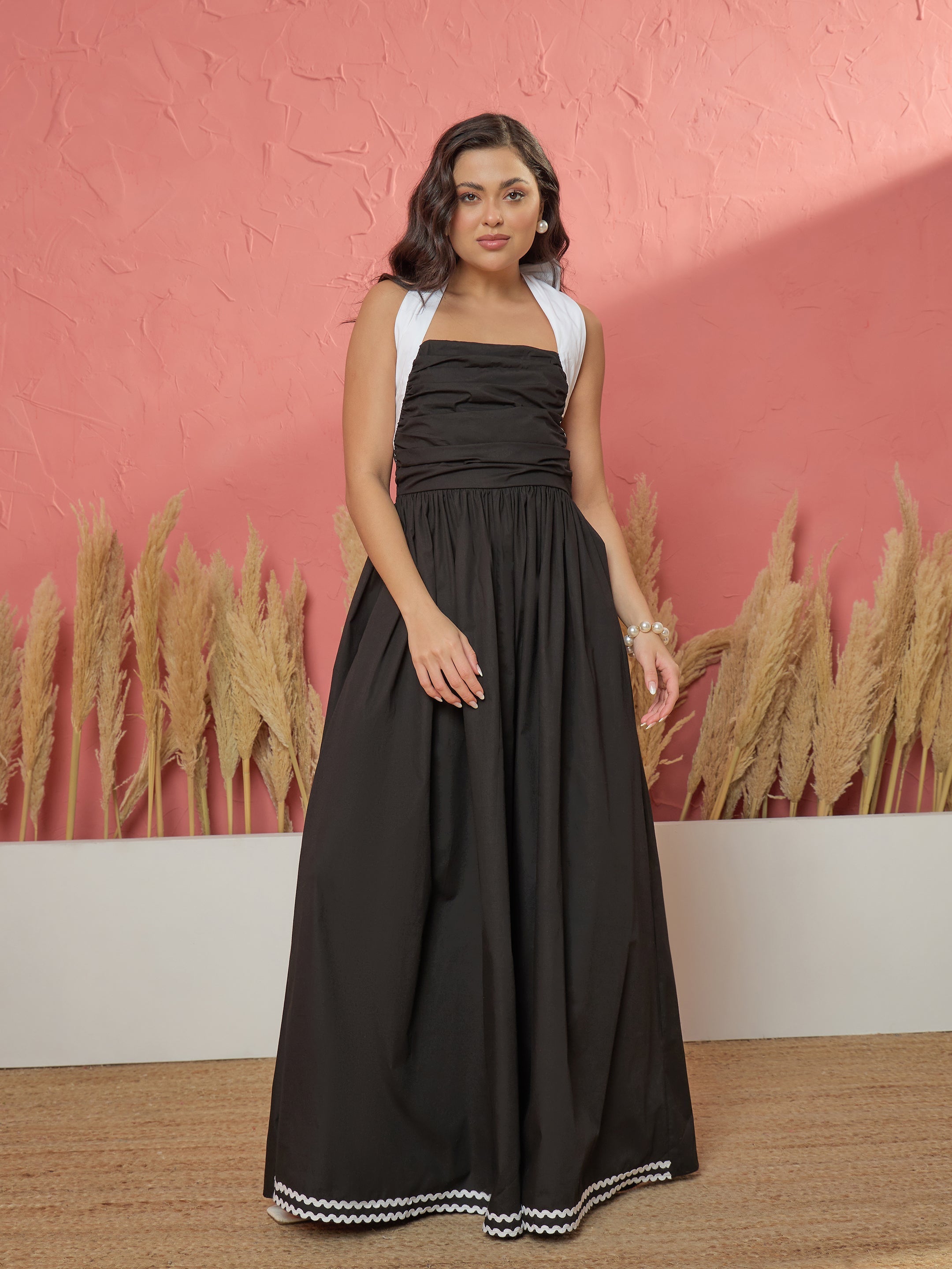 Women Black Ric Rac Contrast Back Tie Gathered Maxi Dress