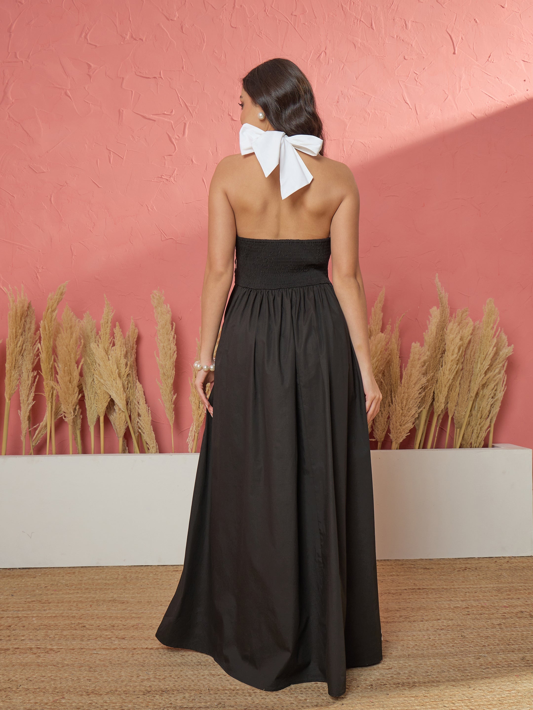 Women Black Ric Rac Contrast Back Tie Gathered Maxi Dress