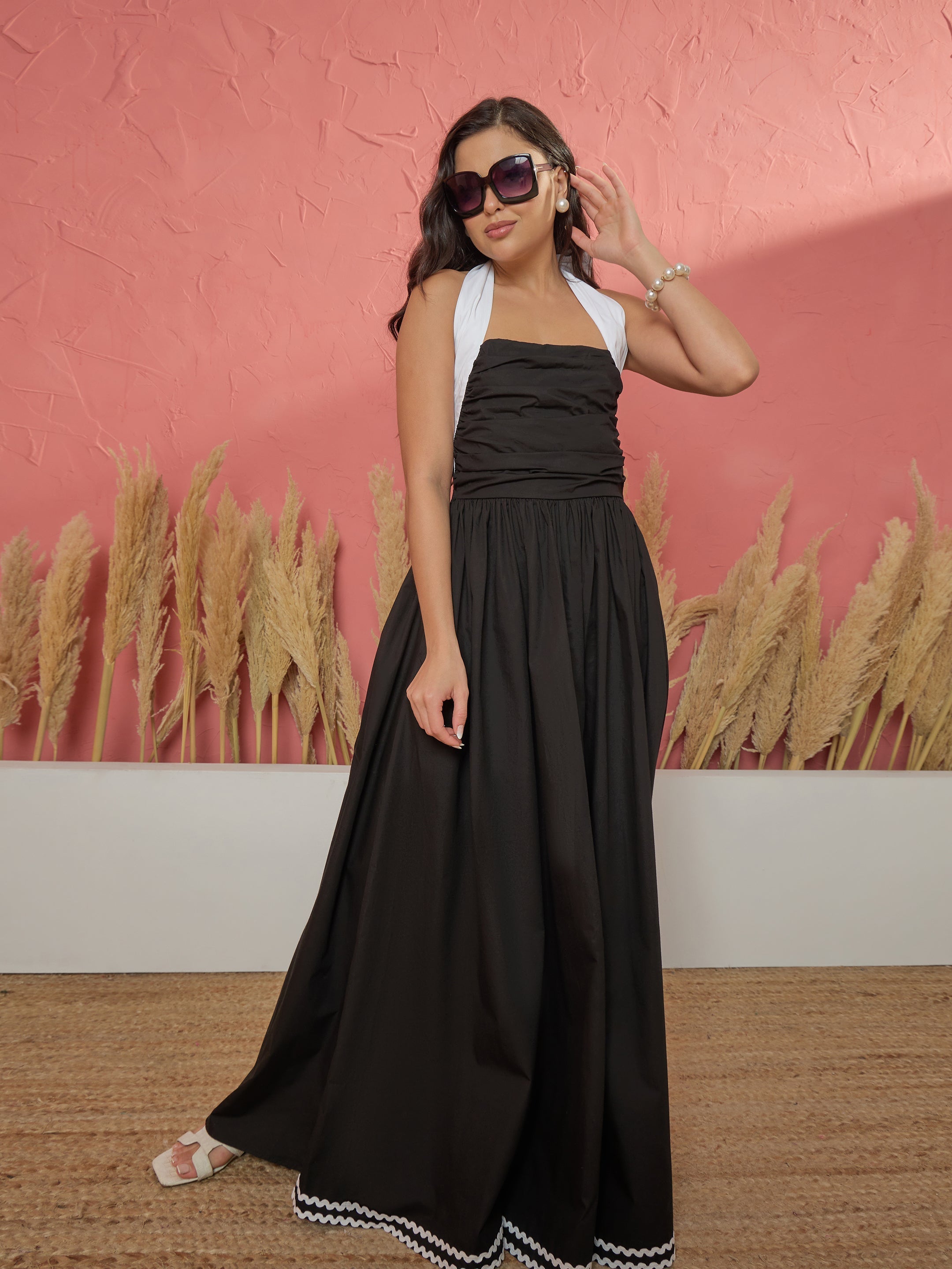 Women Black Ric Rac Contrast Back Tie Gathered Maxi Dress