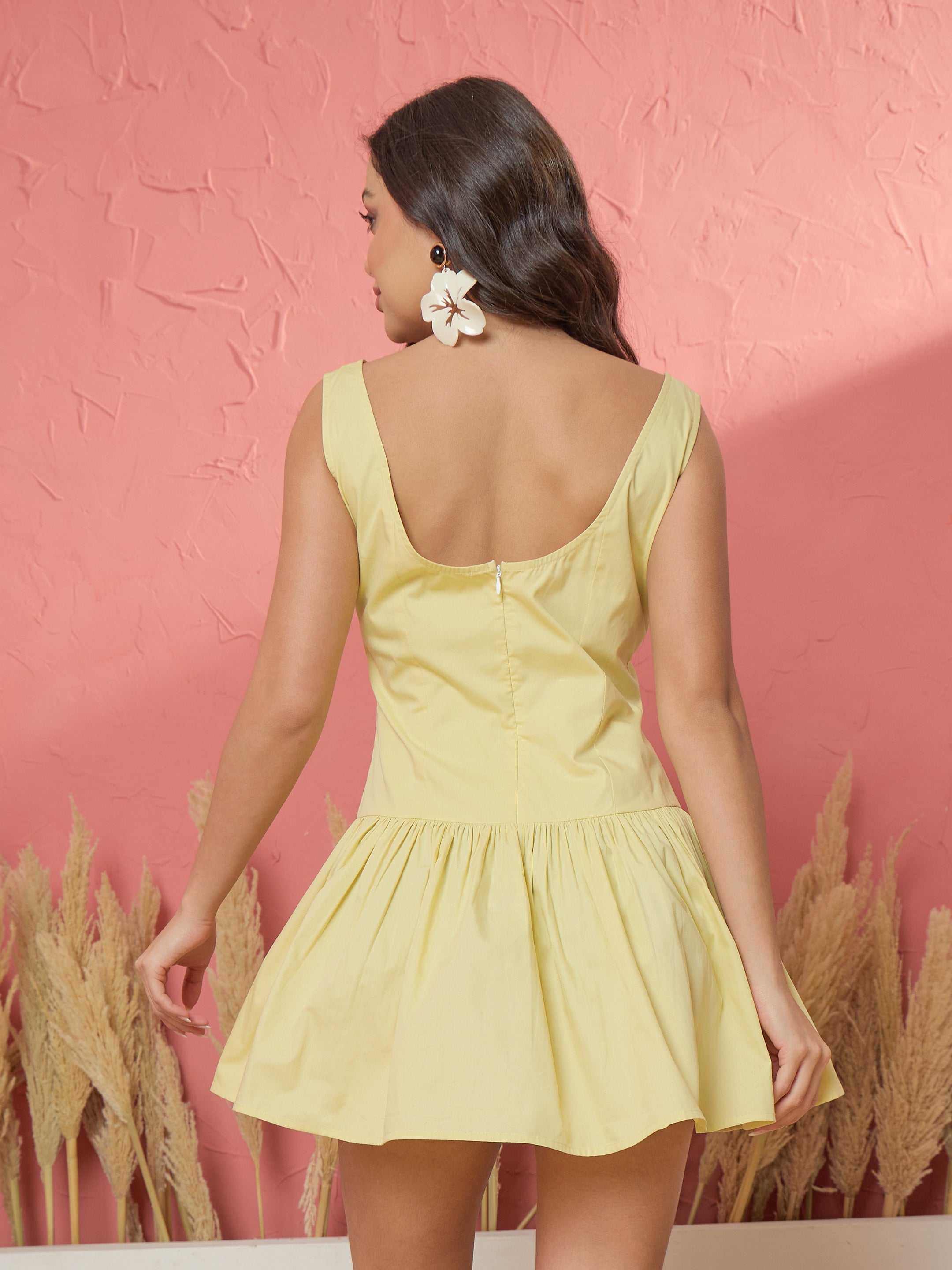 Women Yellow Low Waist Front Button Loop Short Dress