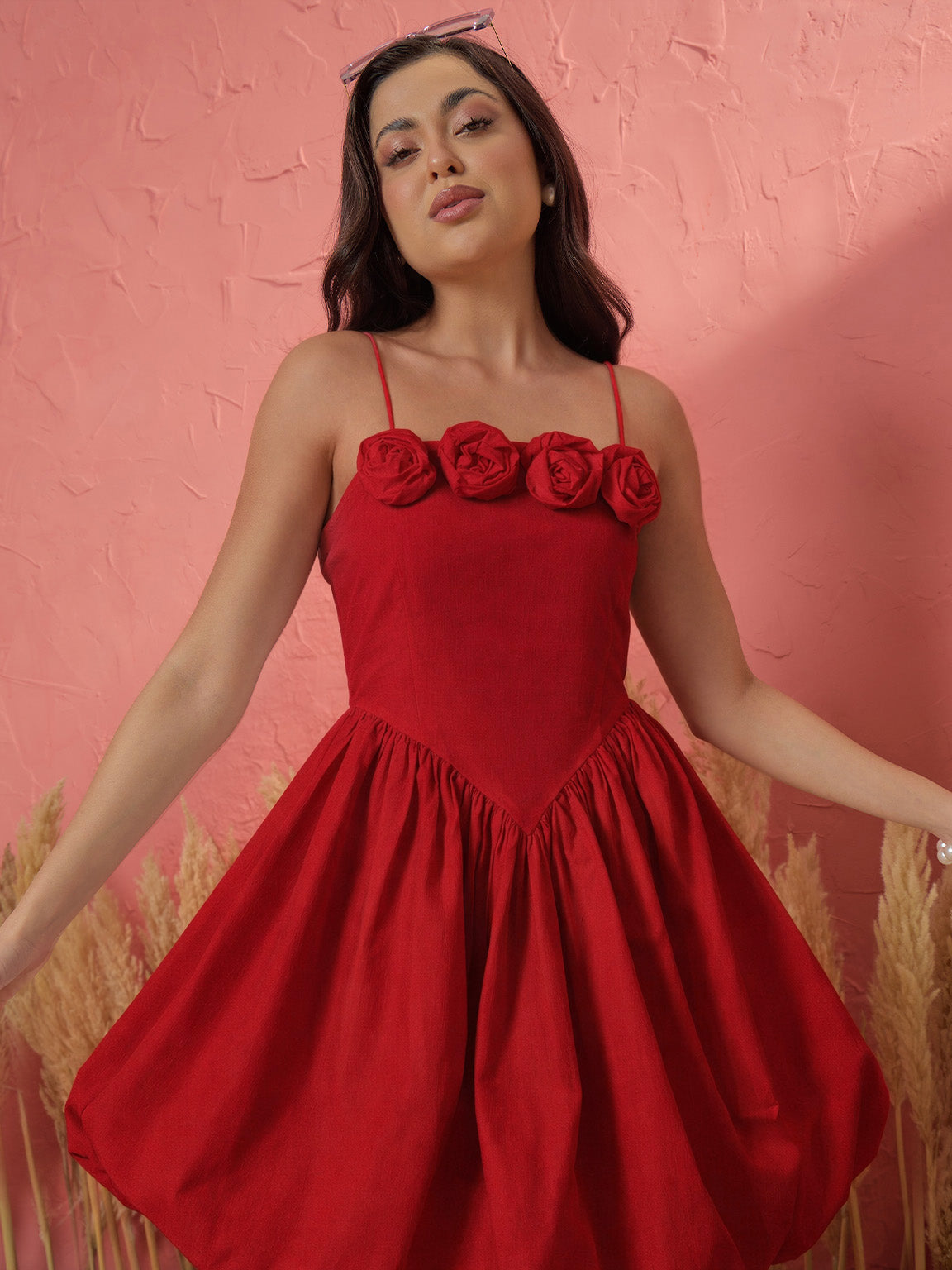 Women Red Front Corsage Low Waist Balloon Short Dress