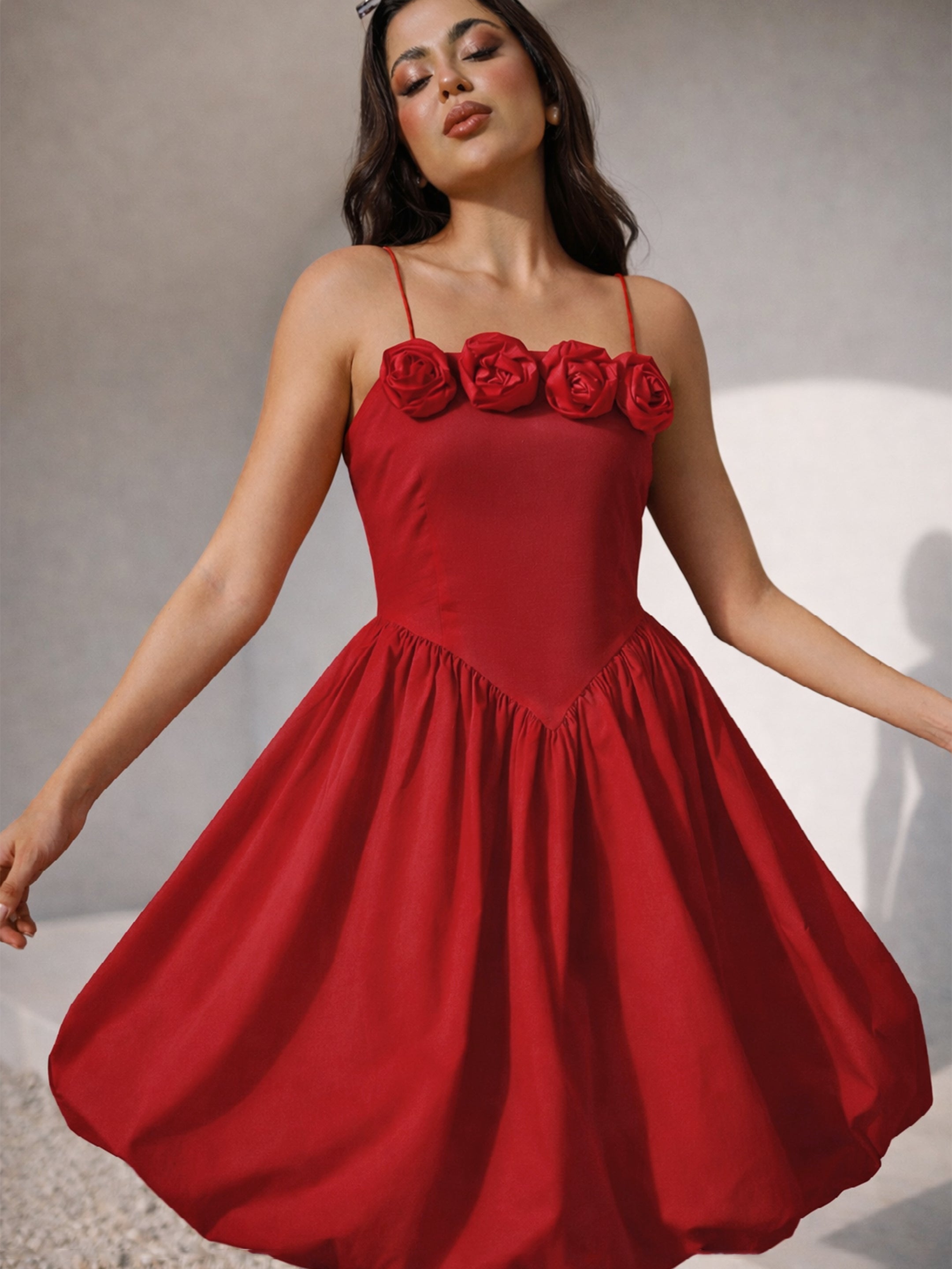 Women Red Front Corsage Low Waist Balloon Short Dress