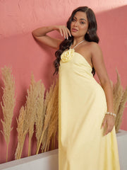 Women Yellow Front Corsage Halter Neck A-Line Midi Dress