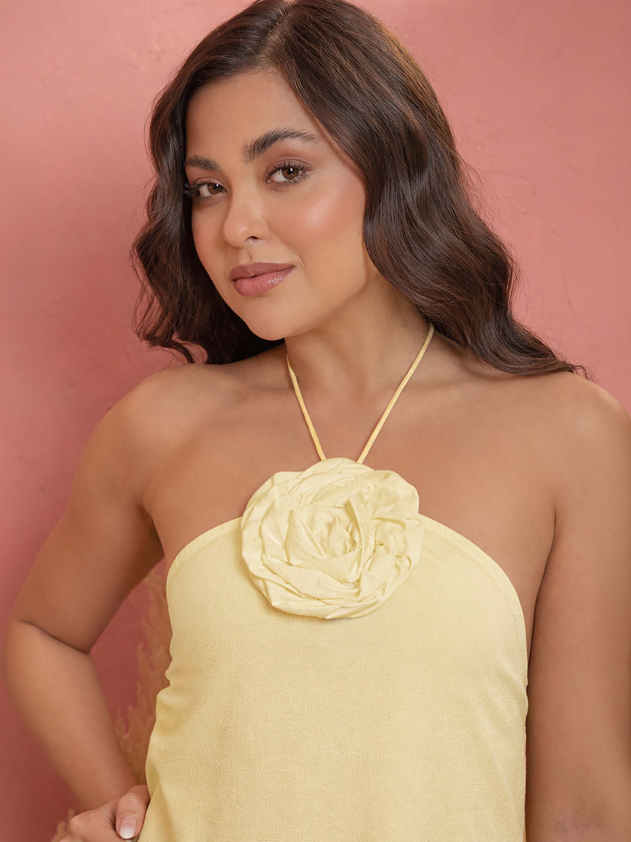 Women Yellow Front Corsage Halter Neck A-Line Midi Dress