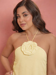 Women Yellow Front Corsage Halter Neck A-Line Midi Dress