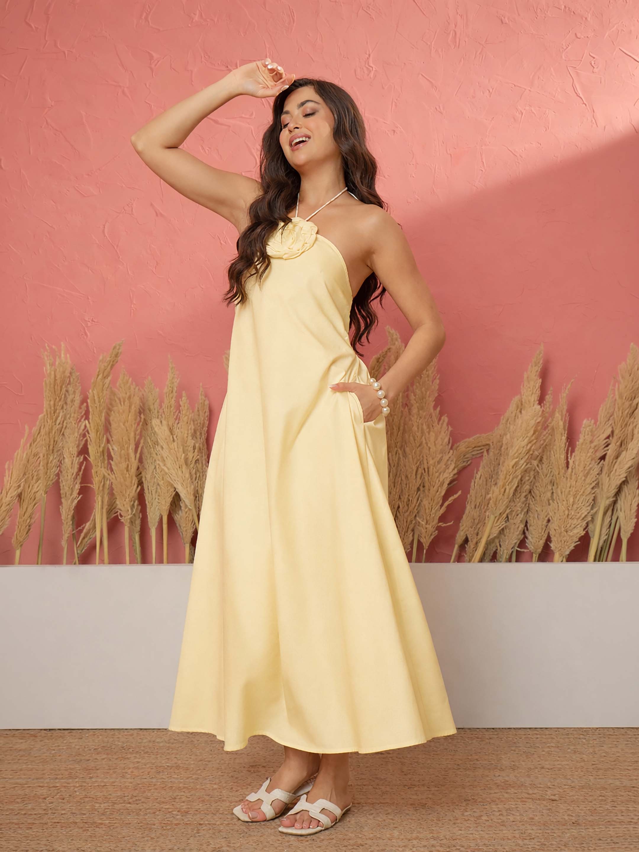 Women Yellow Front Corsage Halter Neck A-Line Midi Dress