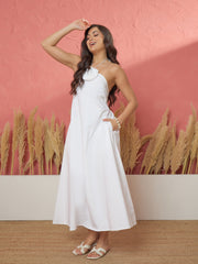 Women White Front Corsage Halter Neck A-Line Midi Dress