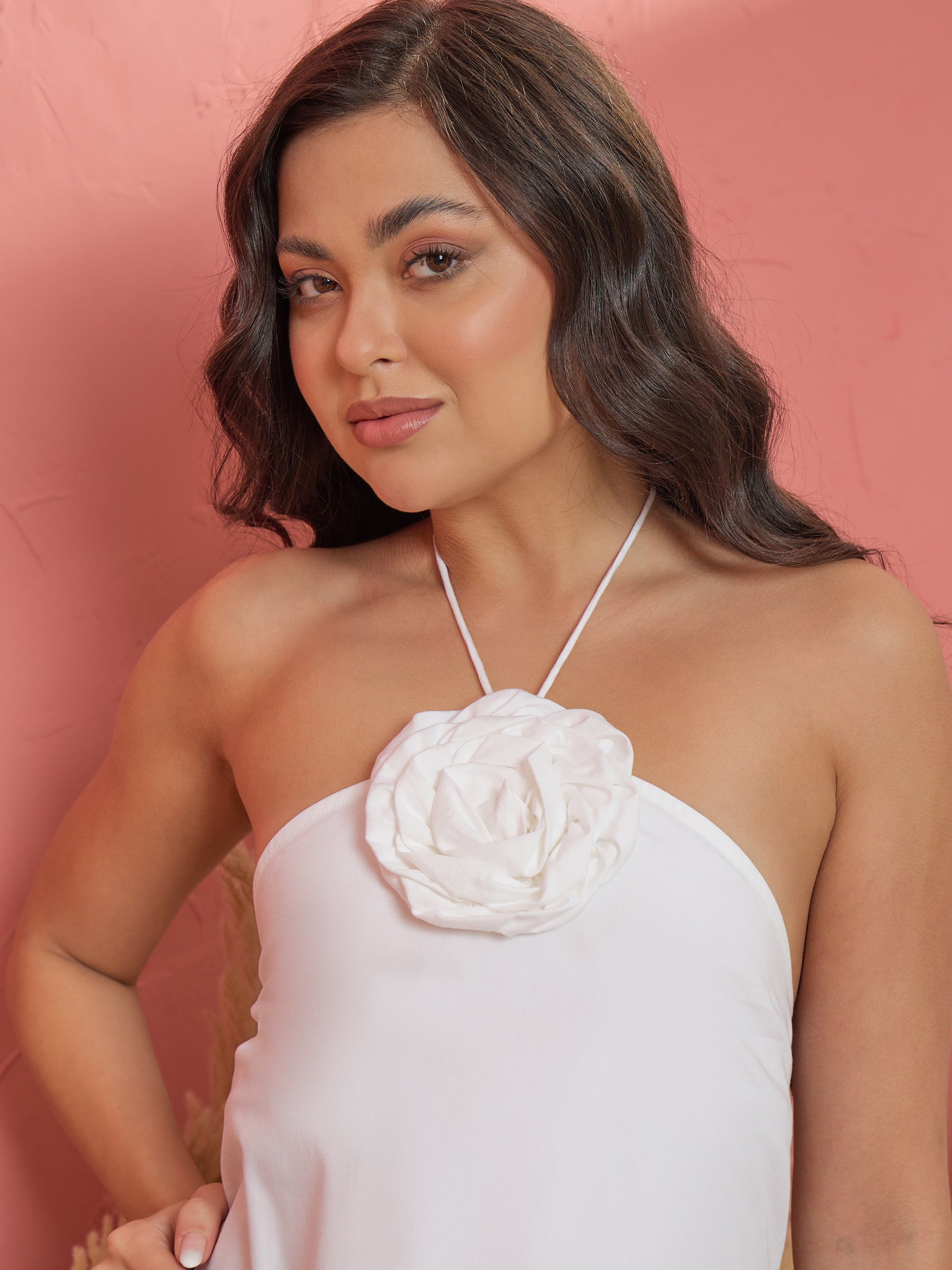 Women White Front Corsage Halter Neck A-Line Midi Dress