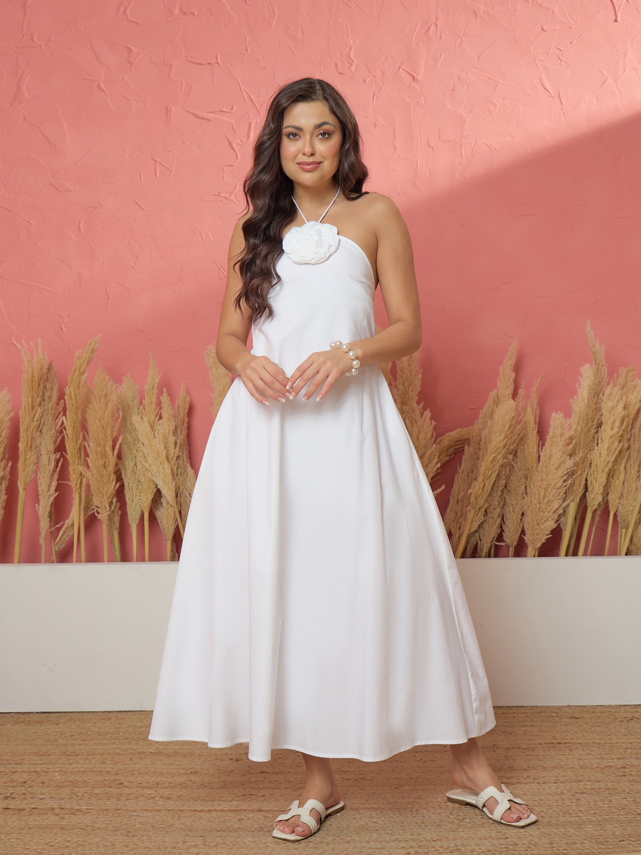 Women White Front Corsage Halter Neck A-Line Midi Dress