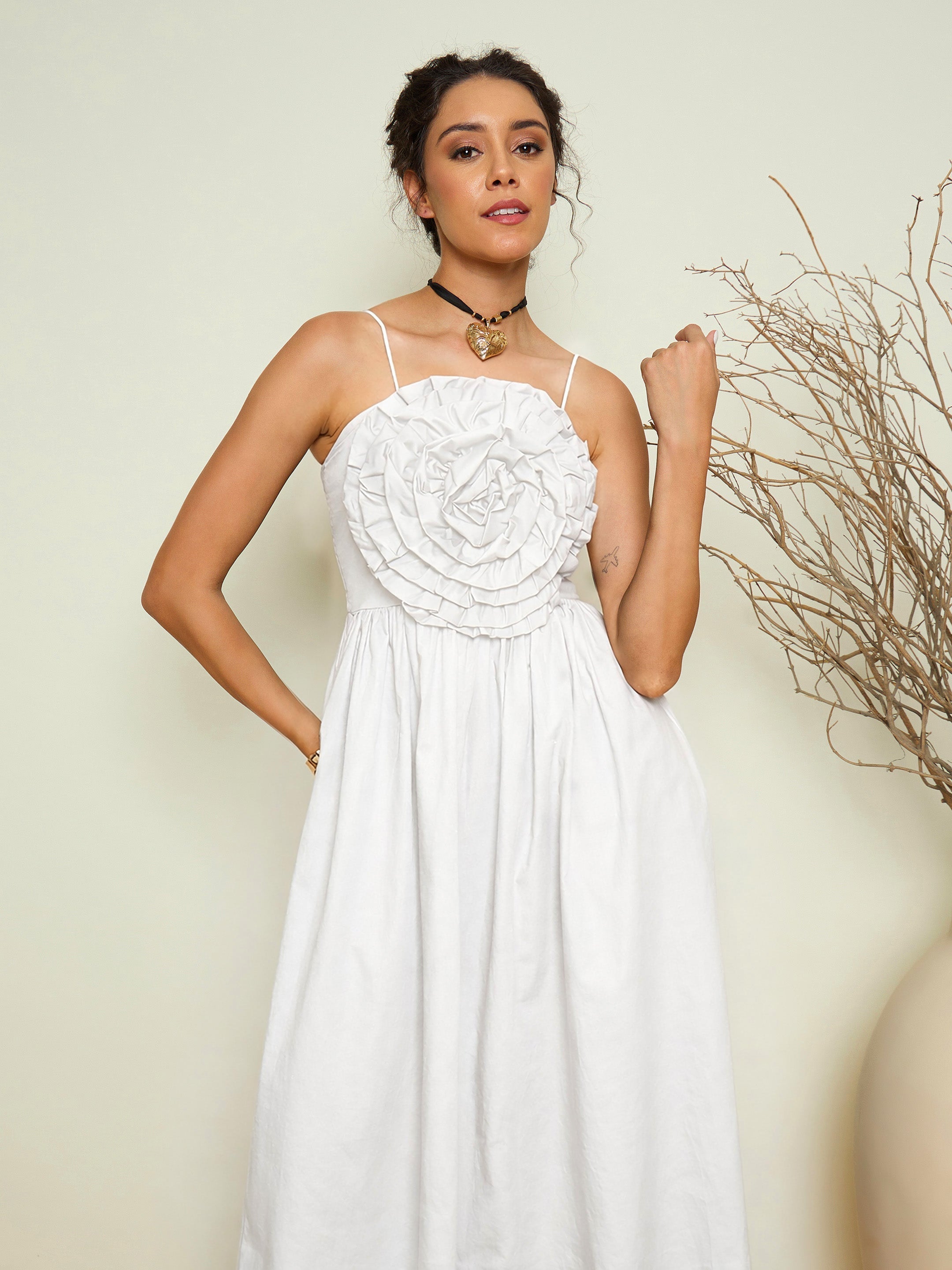 Women White Poplin Front Corsage Strappy Maxi Dress