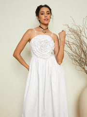Women White Poplin Front Corsage Strappy Maxi Dress