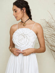 Women White Poplin Front Corsage Strappy Maxi Dress