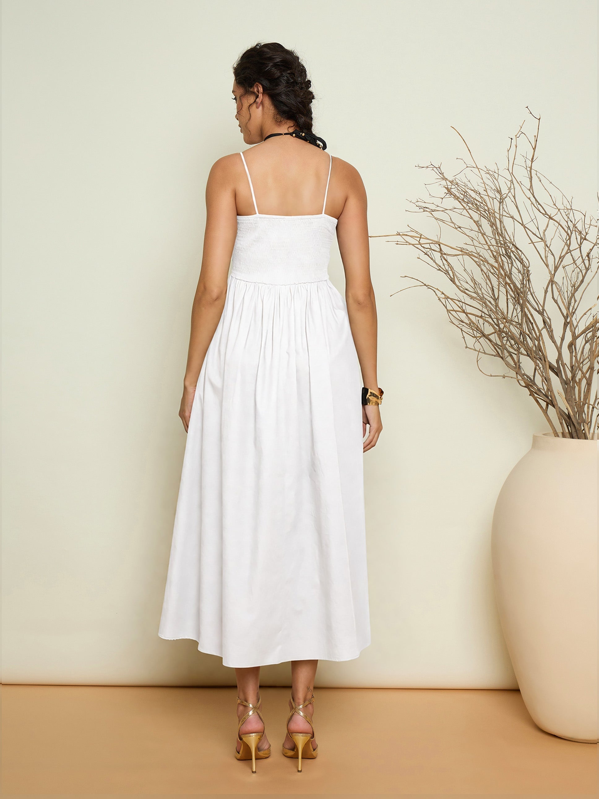 Women White Poplin Front Corsage Strappy Maxi Dress