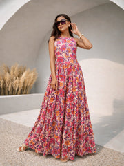 Women Pink Floral Crinkle Halter Neck Flared Hem Maxi Dress