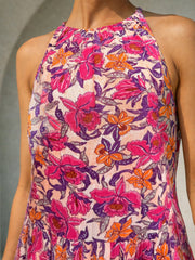 Women Pink Floral Crinkle Halter Neck Flared Hem Maxi Dress