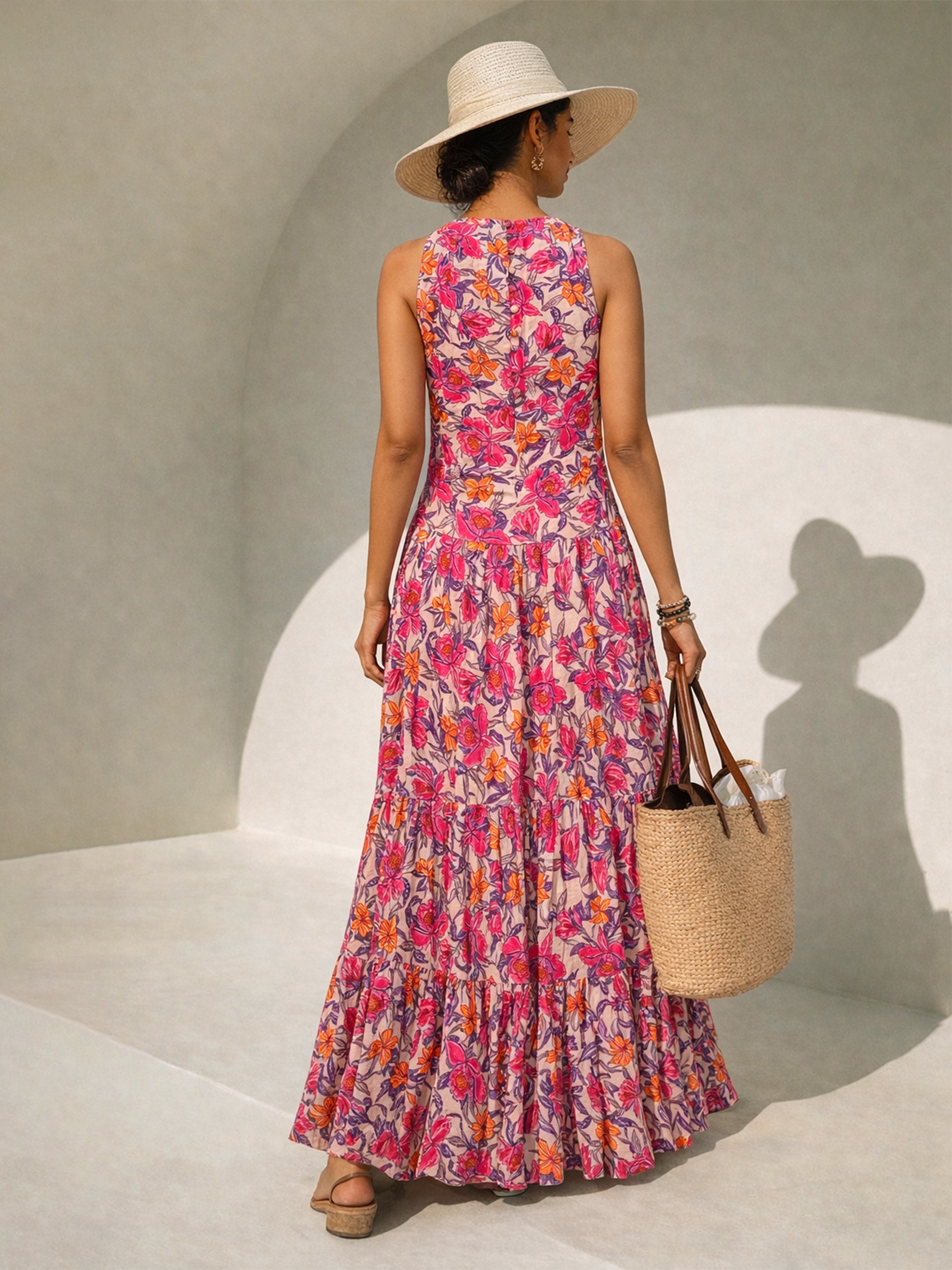 Women Pink Floral Crinkle Halter Neck Flared Hem Maxi Dress