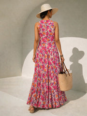 Women Pink Floral Crinkle Halter Neck Flared Hem Maxi Dress