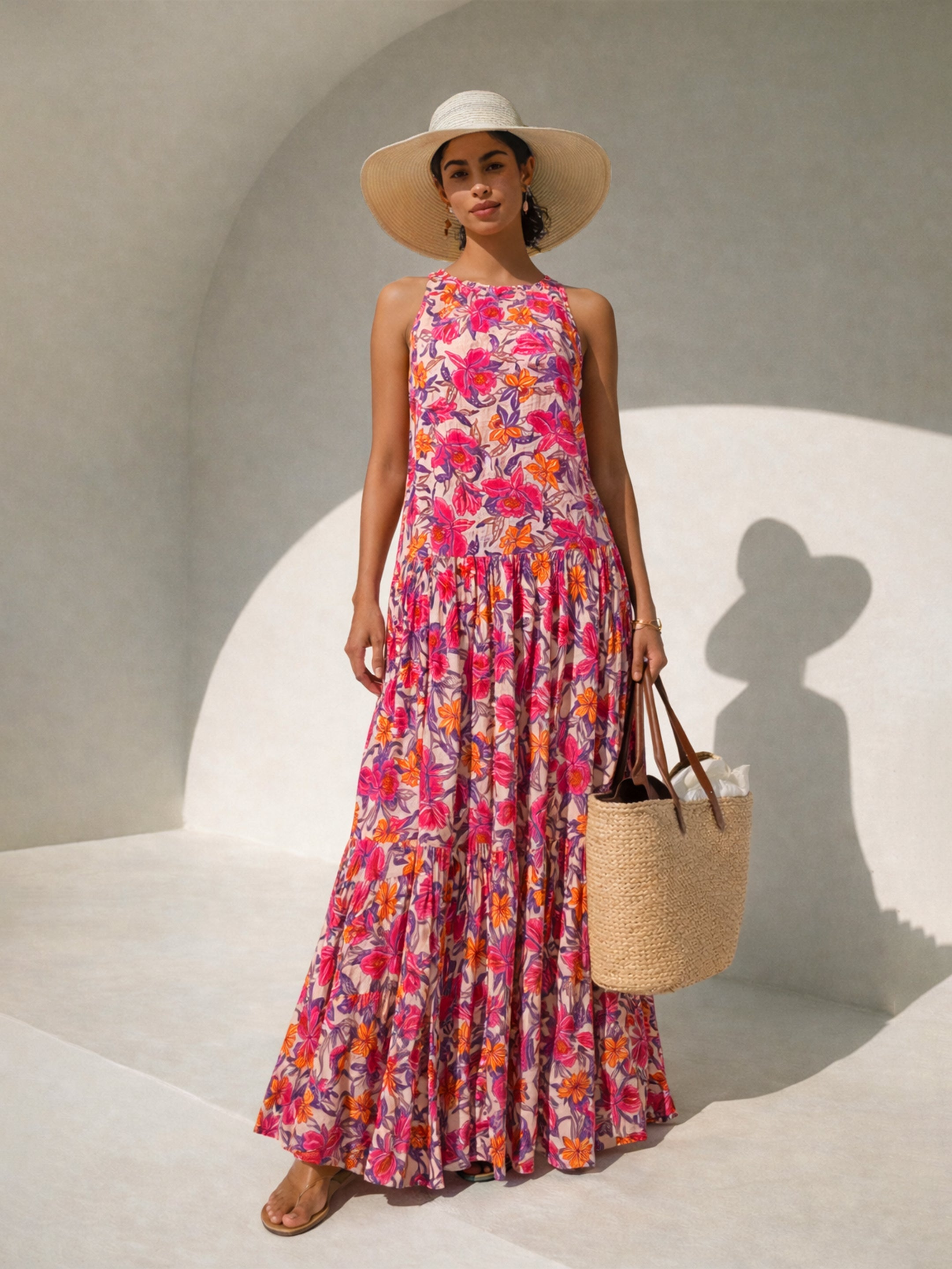 Women Pink Floral Crinkle Halter Neck Flared Hem Maxi Dress