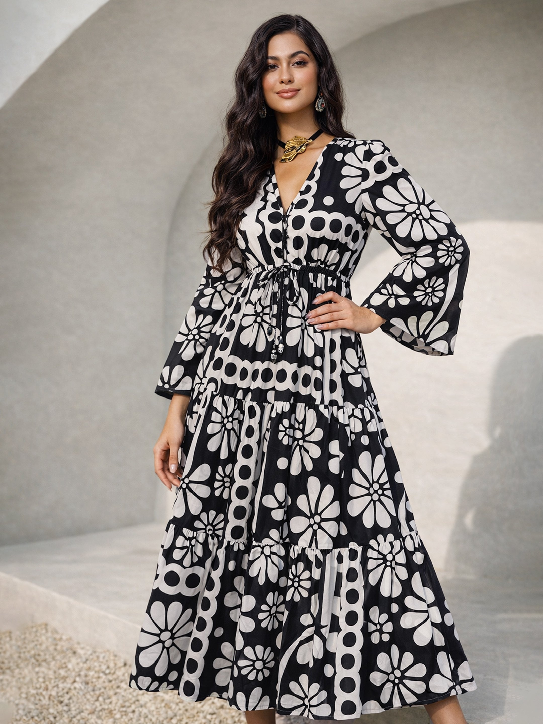 Women Black & White Floral V Neck Waist Tie Knot Maxi Dress