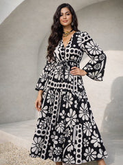 Women Black & White Floral V Neck Waist Tie Knot Maxi Dress