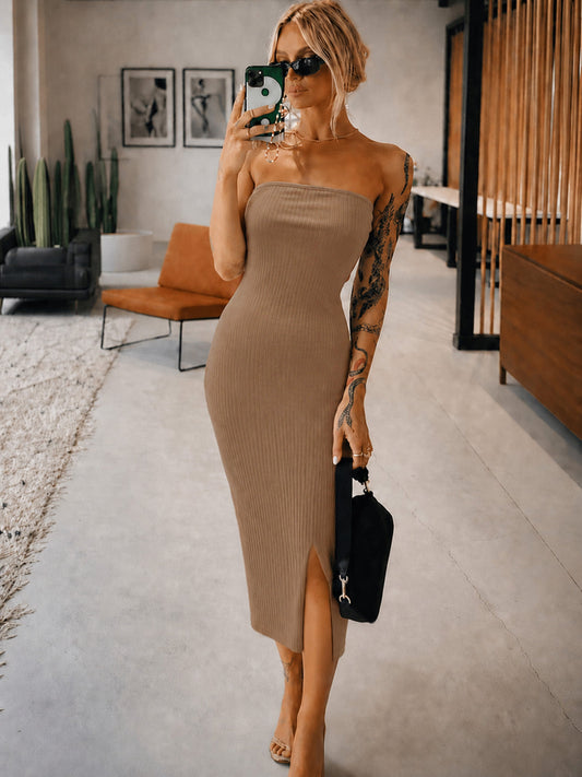 Women Beige Rib Off Shoulder Tube Midi Dress
