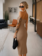 Women Beige Rib Off Shoulder Tube Midi Dress