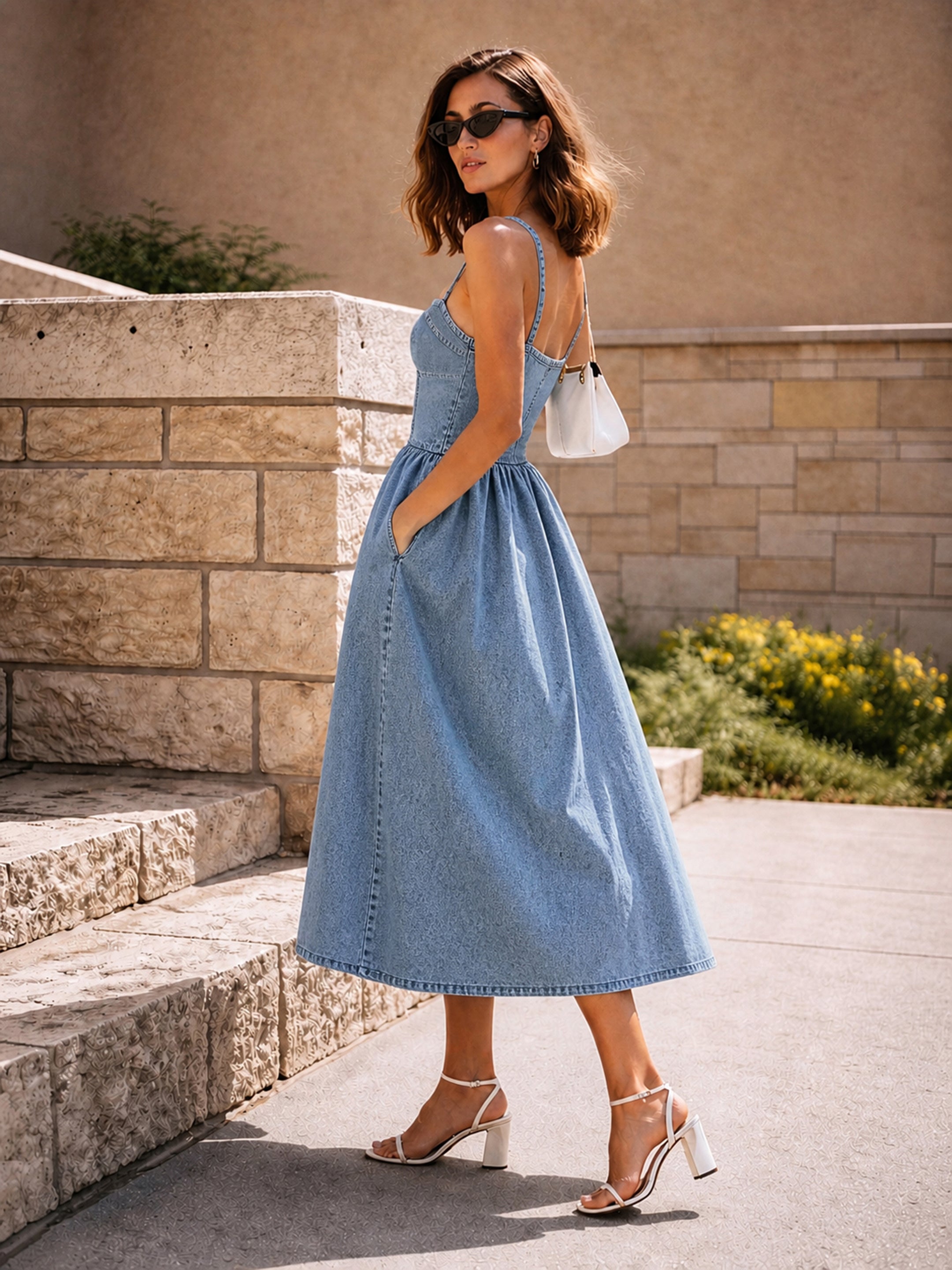 Women Light Blue Denim Strappy Midi Dress