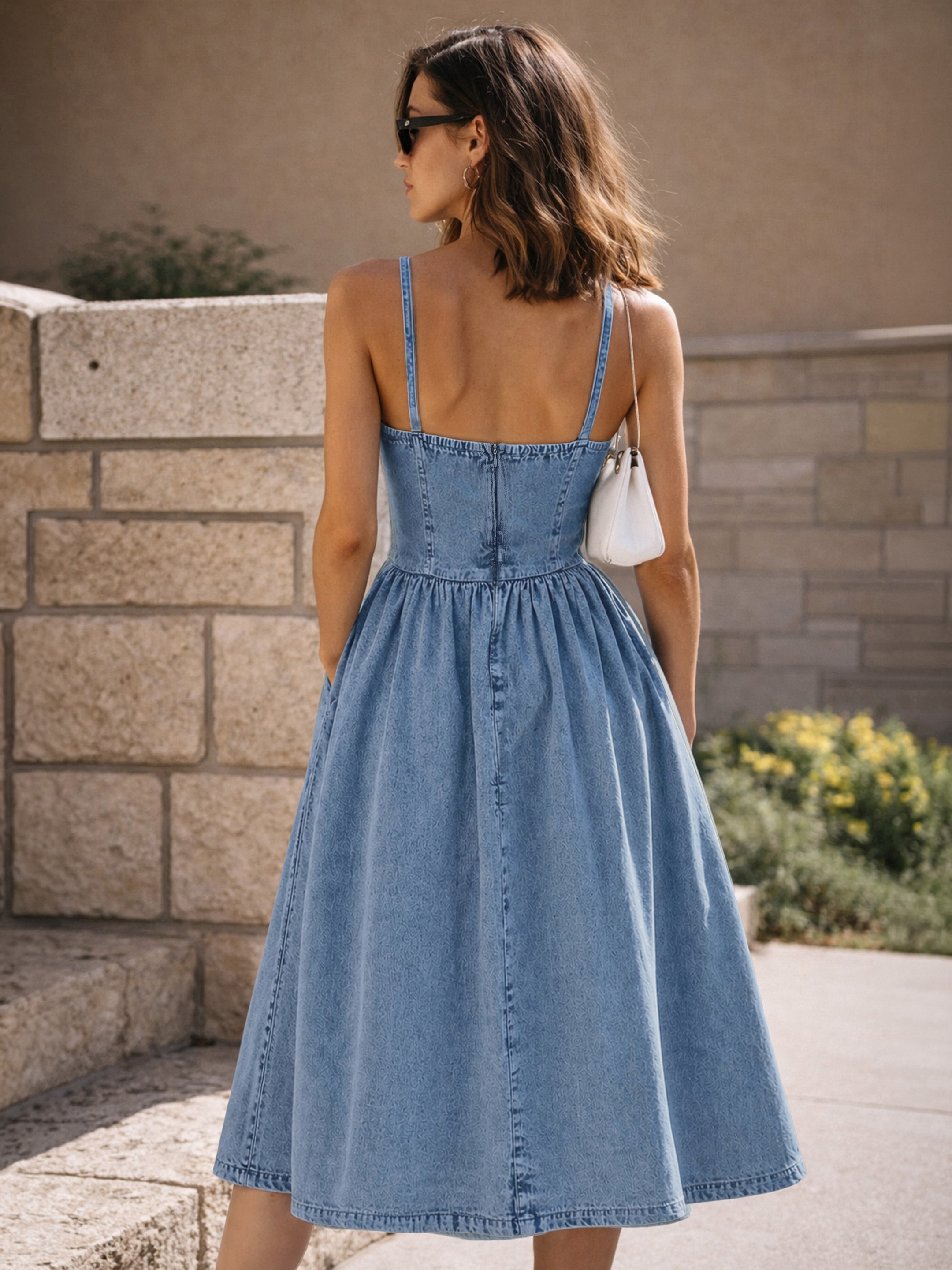 Women Light Blue Denim Strappy Midi Dress