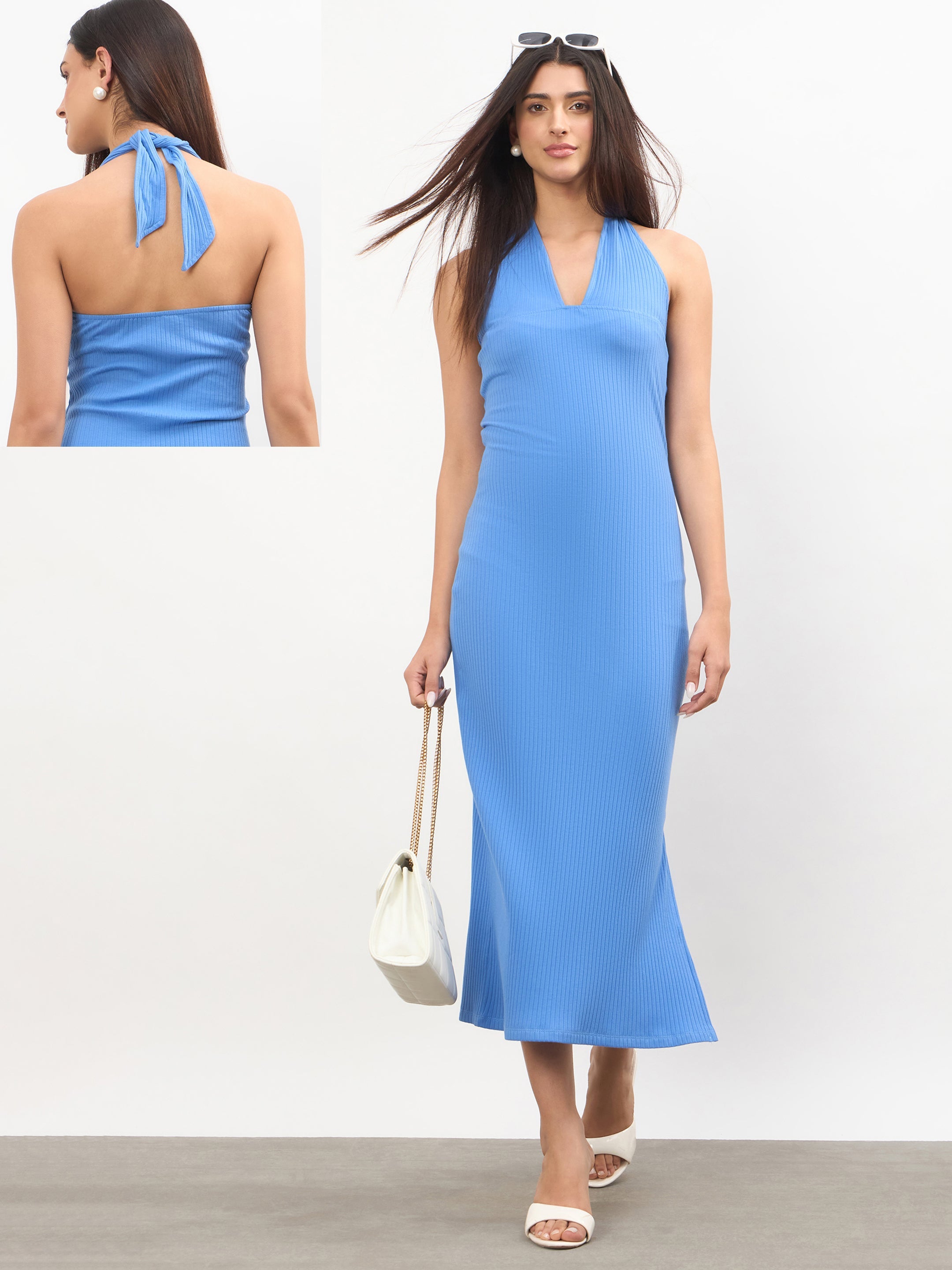 Women Blue Halter Neck Bodycon Midi Dress