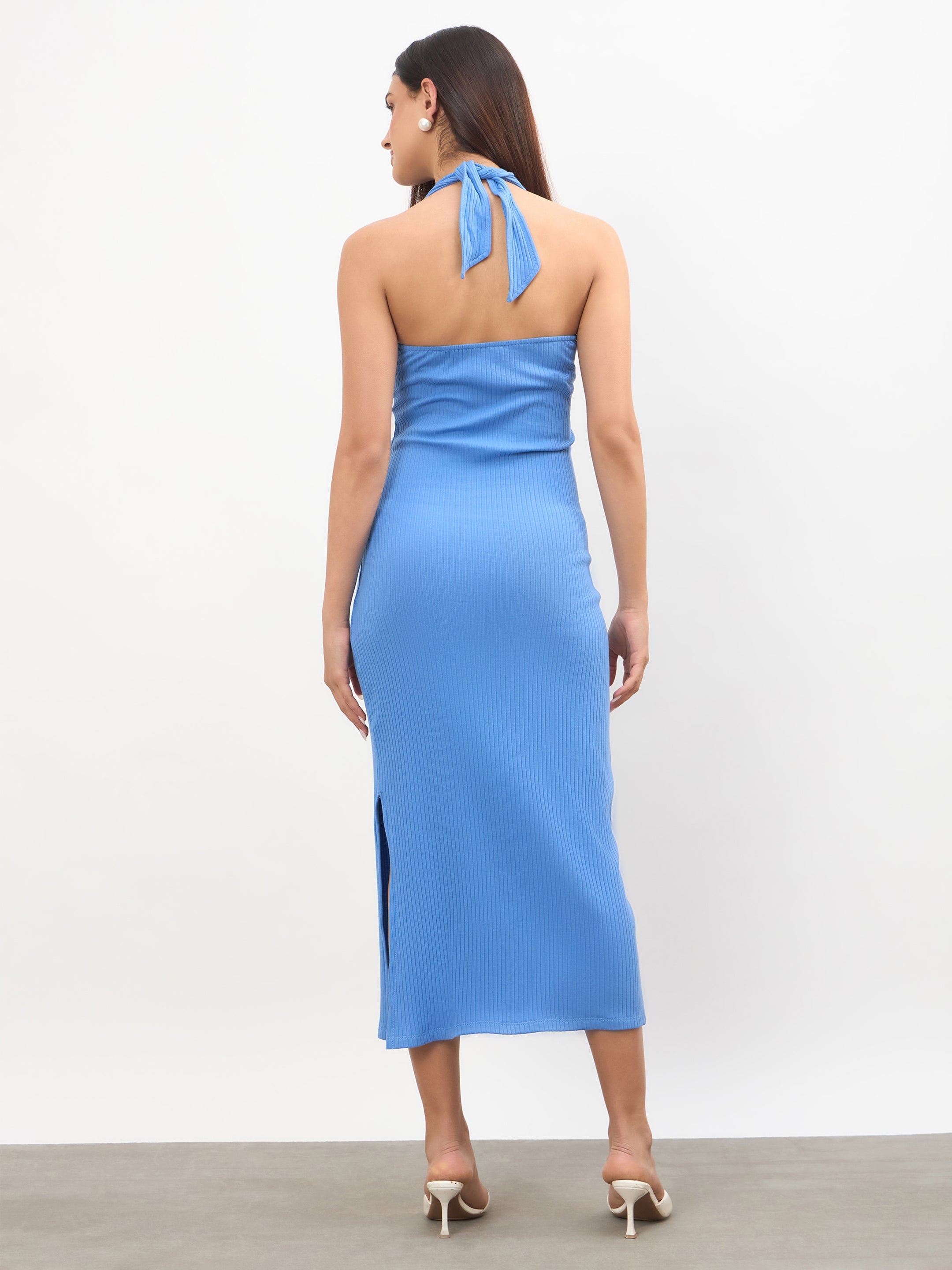 Women Blue Halter Neck Bodycon Midi Dress