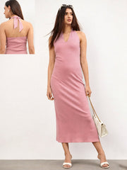 Women Pink Halter Neck Bodycon Midi Dress