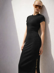 Women Black Rib Short Sleeves Bodycon Midi Dress
